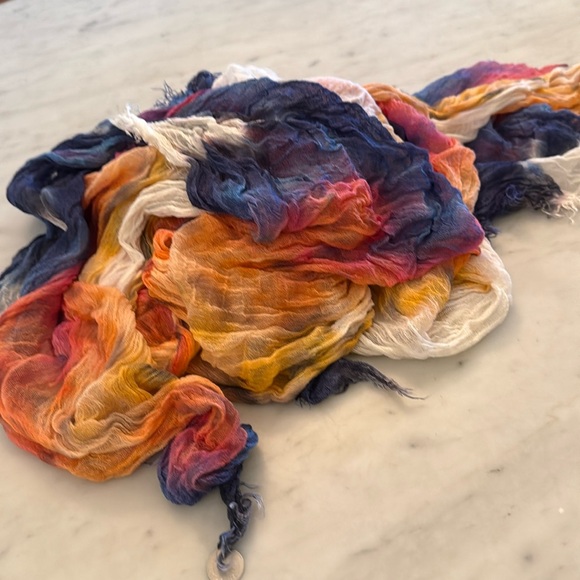 Brightly twisted tie-dyed, fringed scarf. Gently worn colors of blue, purple etc - Picture 1 of 6